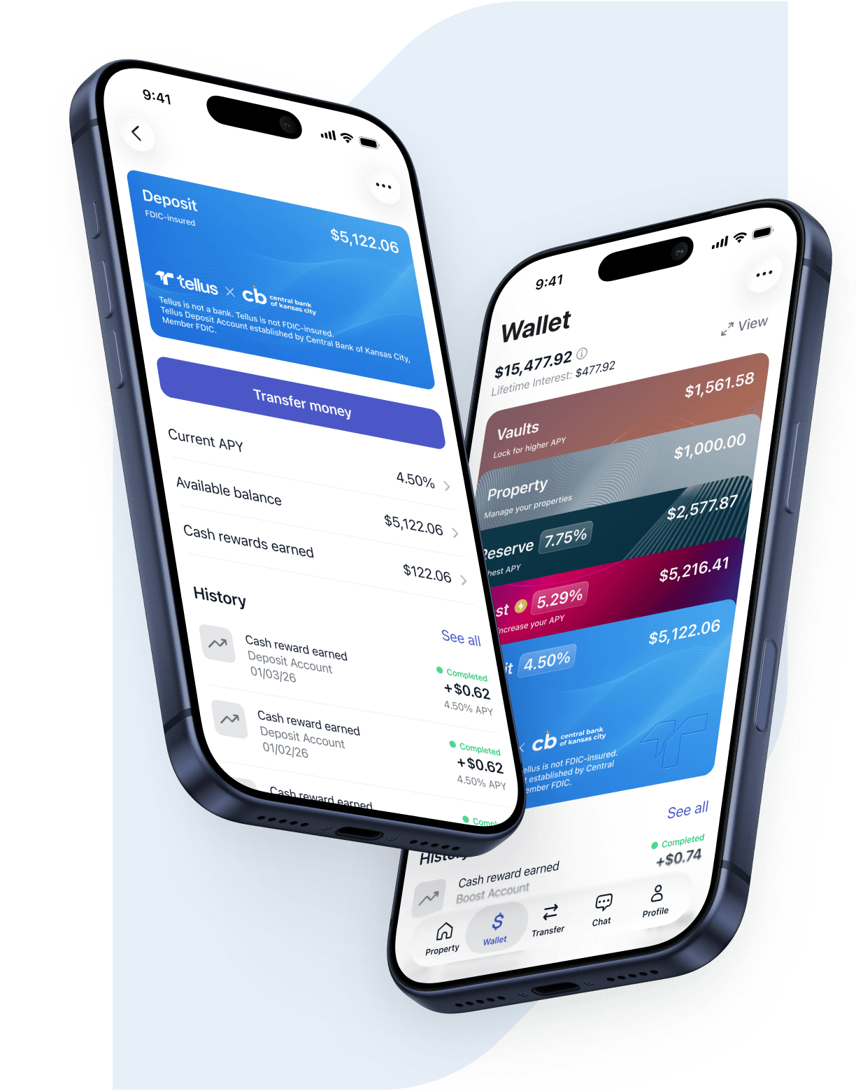 Two phones showing the Tellus app: the Deposit Account screen with its balance, APY and cash-reward history, and the wallet listing the Reserve, Boost and Deposit accounts